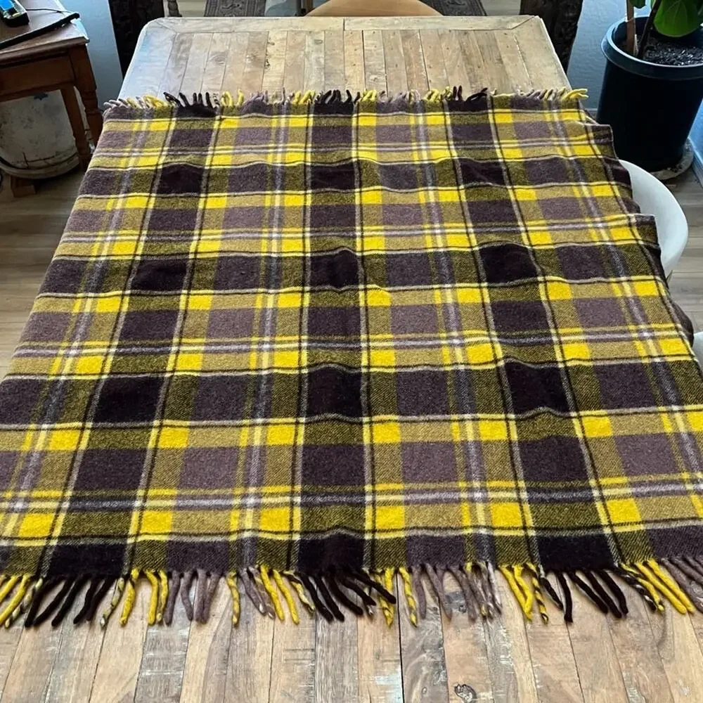 Unbranded Yellow Brown Wool Plaid Checkered Fringe Throw Blanket 46